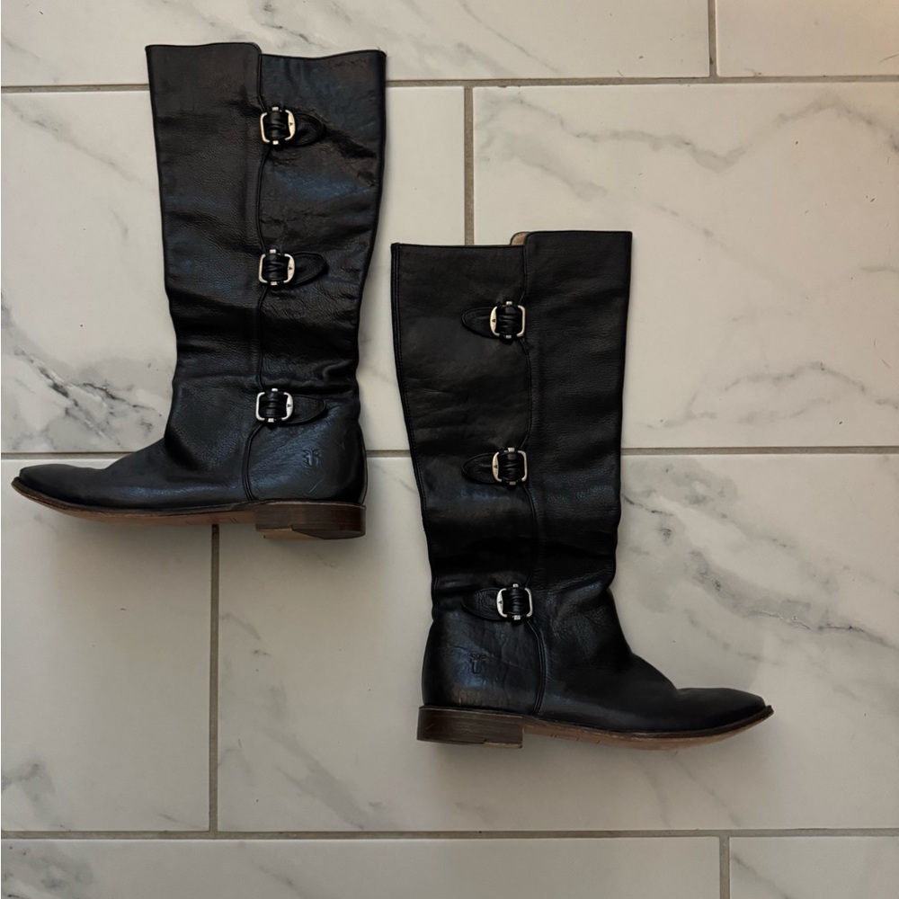 Frye Black Leather Buckle Boots